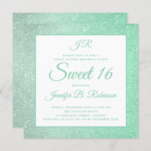 Mint Green Sweet 16 Birthday Monogram Glitter Invitation