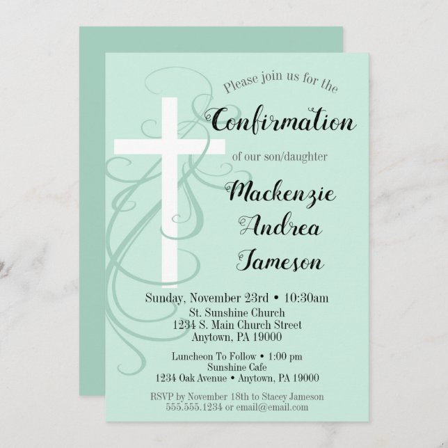 Mint Green Swirl Cross Confirmation Invitation (Front/Back)