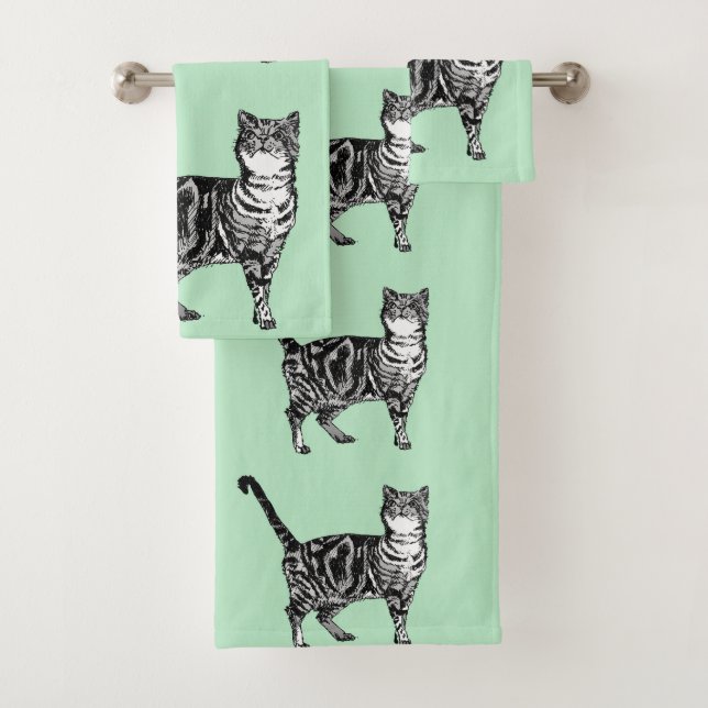 Mint Green Tabby Cat Cats Girls Art Towel Set (Insitu)