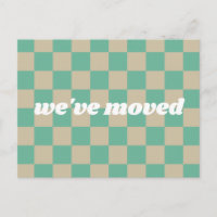 Mint Green Tan Chequerboard Retro We've Moved