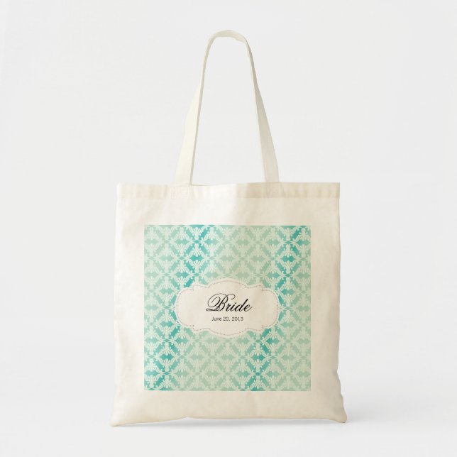 Mint Green & Teal Damask Bride Tote Bag (Front)