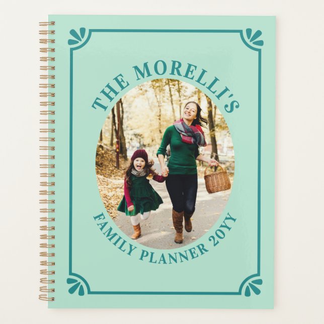 Mint Green & Teal Oval Photo Family Planner (Front)