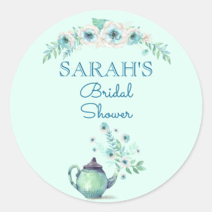 Mint Green Teapot Watercolor Flowers Classic Round Sticker