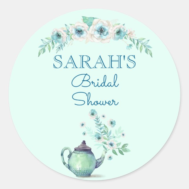 Mint Green Teapot Watercolor Flowers Classic Round Sticker (Front)