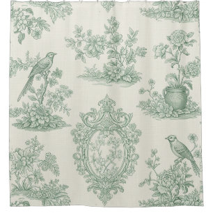 Mint Green Toile Floral and Bird Pattern Shower Curtain