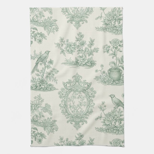 Mint Green Toile Floral and Bird Pattern Tea Towel (Vertical)