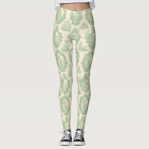 Mint Green Toile Vintage Couples and Garden Scene Leggings