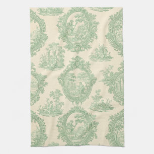 Mint Green Toile Vintage Couples and Garden Scene Tea Towel