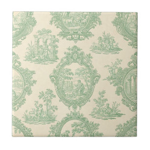 Mint Green Toile Vintage Couples and Garden Scene Tile