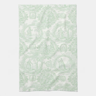 Mint Green Toile Vintage Couples & Garden Scene 2 Tea Towel