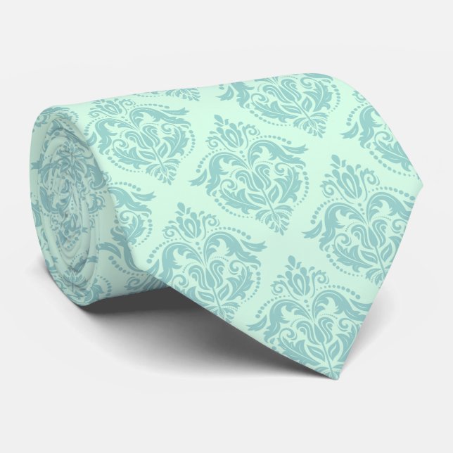 Mint-Green Tones Damask Geometric Pattern Tie (Rolled)