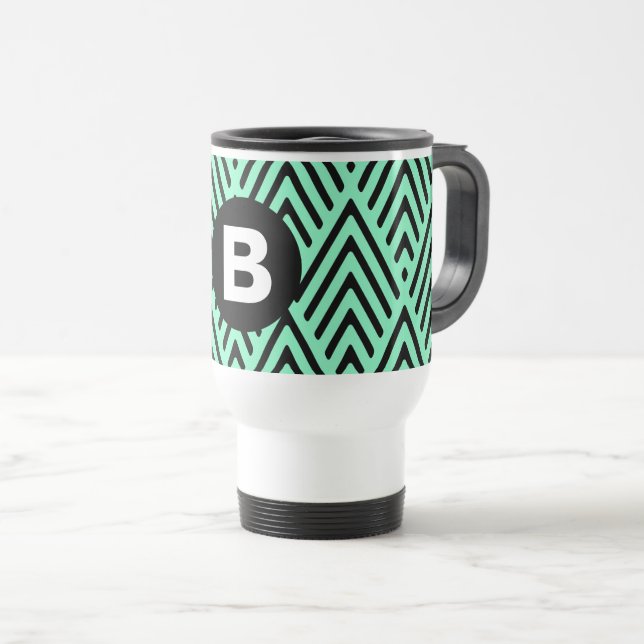 Mint Green Trendy Chevron Pattern Monogram Travel Mug (Front Right)