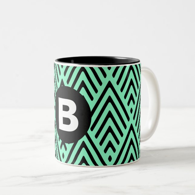 Mint Green Trendy Chevron Pattern Monogram Two-Tone Coffee Mug (Front Right)