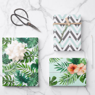 Mint Green Tropical Leaves and Geometric Pattern Wrapping Paper Sheet