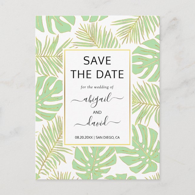 Mint green tropical leaves wedding Save the Date Announcement Postcard (Front)