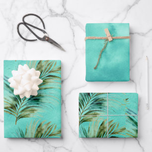 Mint Green Tropical Leaves Wrapping Paper Sheet