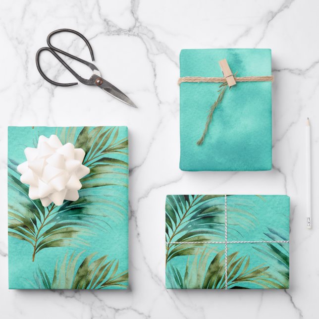 Mint Green Tropical Leaves Wrapping Paper Sheet (Front)