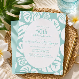 Mint Green Tropical Monstera Beach Party 50th Invitation