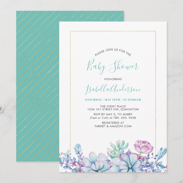 Mint Green | Tropical Succulents Baby Shower Invitation (Front/Back)