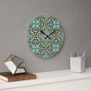 Mint Green Turquoise Hip Bohemian Bali Art Motif Large Clock