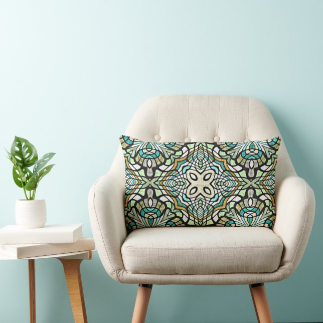 Mint Green Turquoise Hip Bohemian Bali Art Motif Lumbar Cushion (Chair)