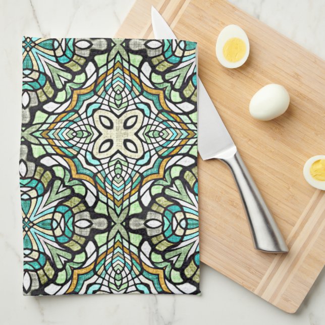 Mint Green Turquoise Hip Bohemian Bali Art Motif Tea Towel (Quarter Fold)