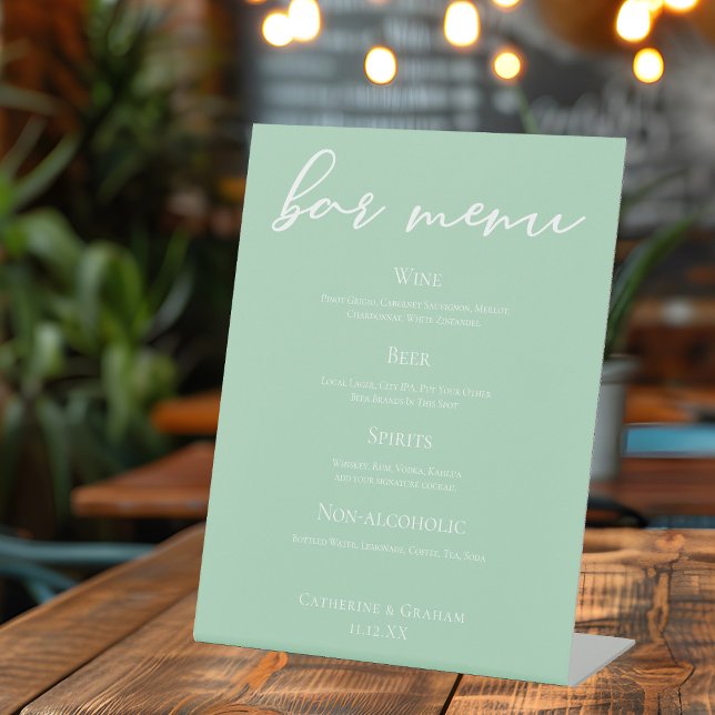 Mint Green Typography Spring Wedding Bar Menu Pedestal Sign (Creator Uploaded)