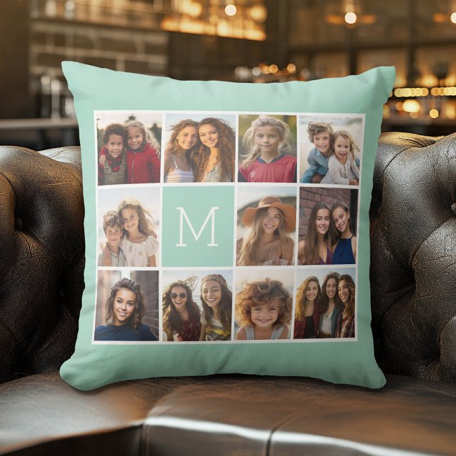 Mint Green Unique Photo Collage Custom Monogram Cushion (Custom Photo Pillow)