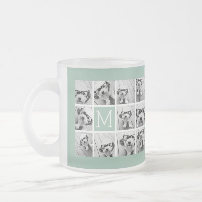 Mint Green Unique Photo Collage Custom Monogram Frosted Glass Coffee Mug (Left)
