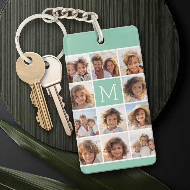 Mint Green Unique Photo Collage Custom Monogram Key Ring (Personalized Keychain with a photo collage)