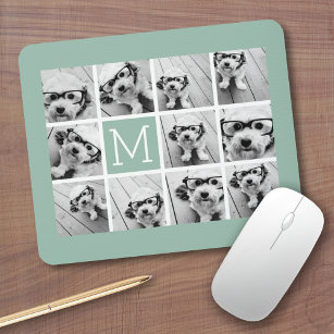 Mint Green Unique Photo Collage Custom Monogram Mouse Mat