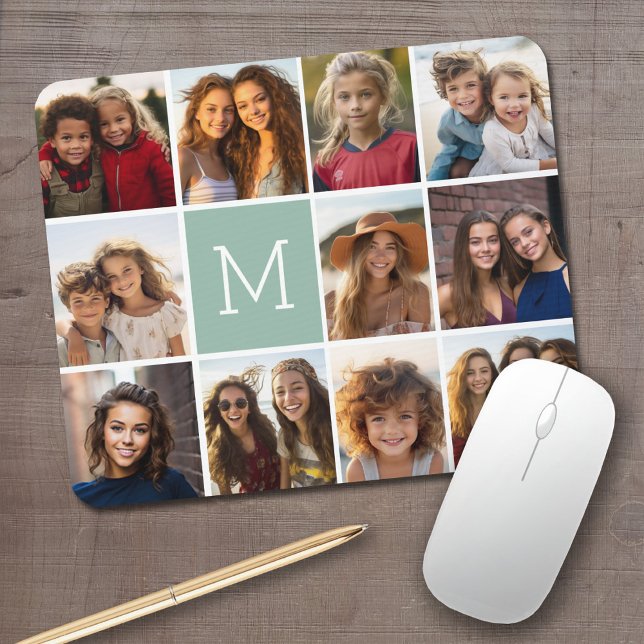Mint Green Unique Photo Collage Custom Monogram Mouse Mat (Personalized mouse pad with your photos and text)