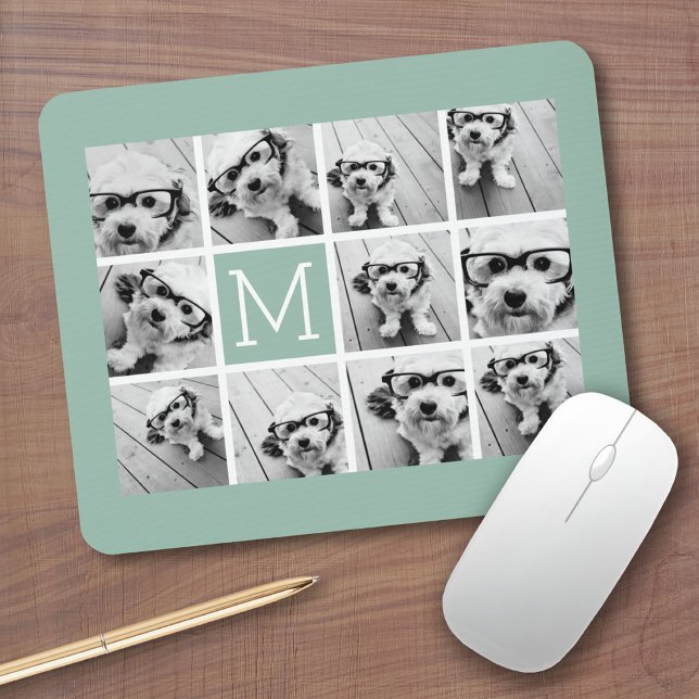 Mint Green Unique Photo Collage Custom Monogram Mouse Mat (Personalized mousepad - Add Photos and Custom Text)