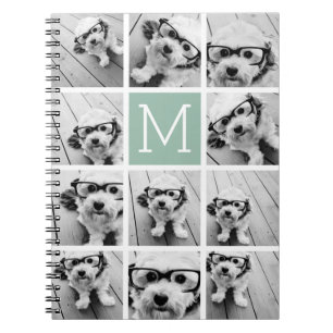 Mint Green Unique Photo Collage Custom Monogram Notebook
