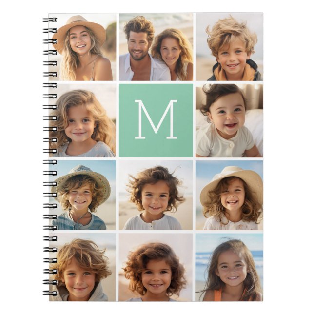 Mint Green Unique Photo Collage Custom Monogram Notebook (Front)