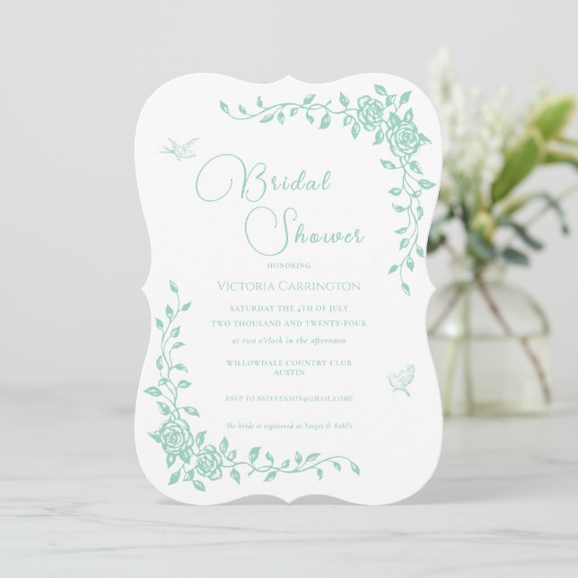 Mint Green Vintage Floral Bridal Shower Invitation (Standing Front)