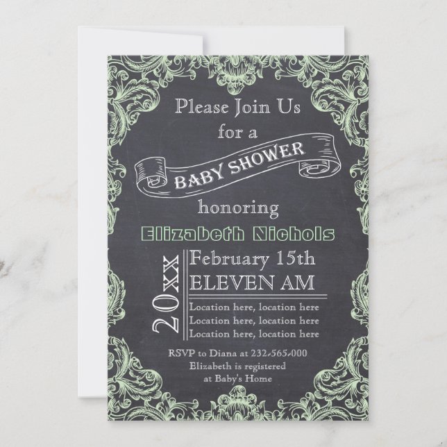 Mint green vintage frame & chalkboard baby shower invitation (Front)
