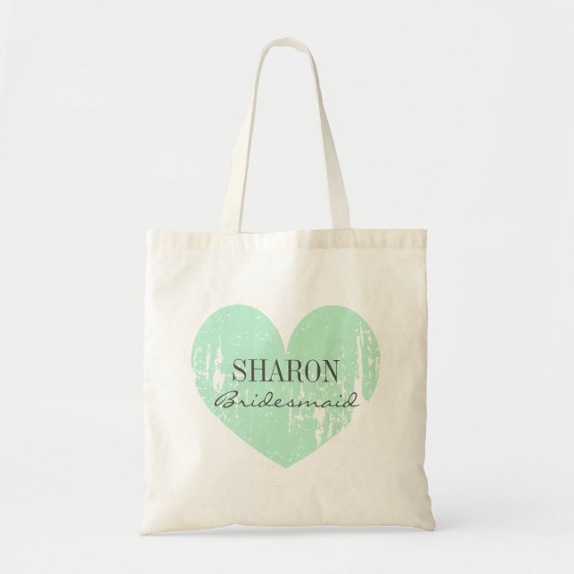 Mint green vintage heart bridesmaid tote bags (Front)