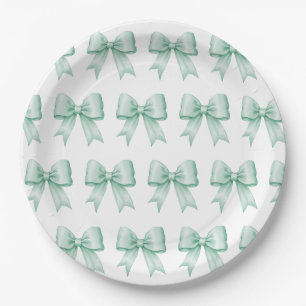 Mint Green Vintage Satin Bow Pattern Paper Plate