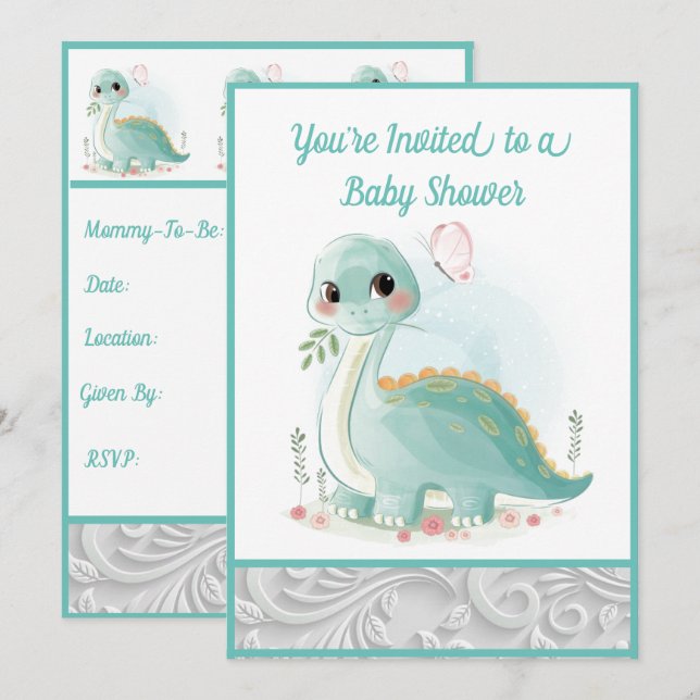 Mint Green Water Baby Dinosaur Shower Invitation (Front/Back)