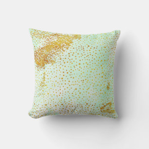 Mint green watercolor and gold foil confetti cushion