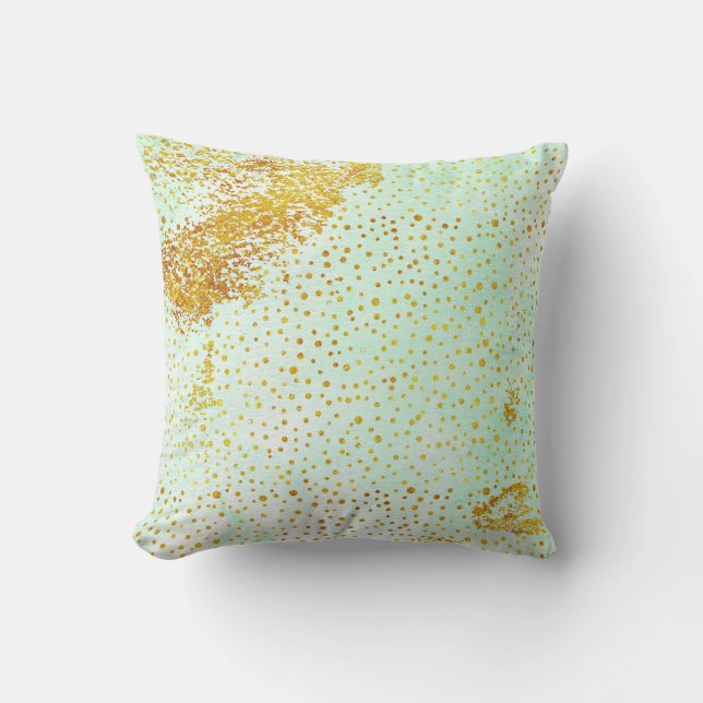 Mint green watercolor and gold foil confetti cushion (Front)