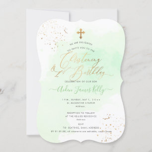 Mint Green Watercolor Christening+1st Birthday Invitation
