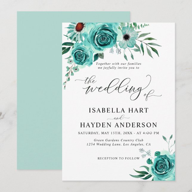 Mint Green Watercolor Floral Elegant Wedding Invitation (Front/Back)