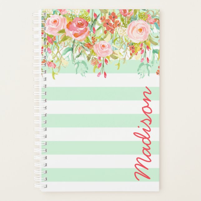 Mint Green Watercolor Floral Stripe Personalised Planner (Front)
