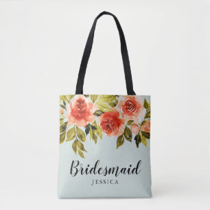 Mint Green Watercolor Floral Wedding Bridesmaid Tote Bag