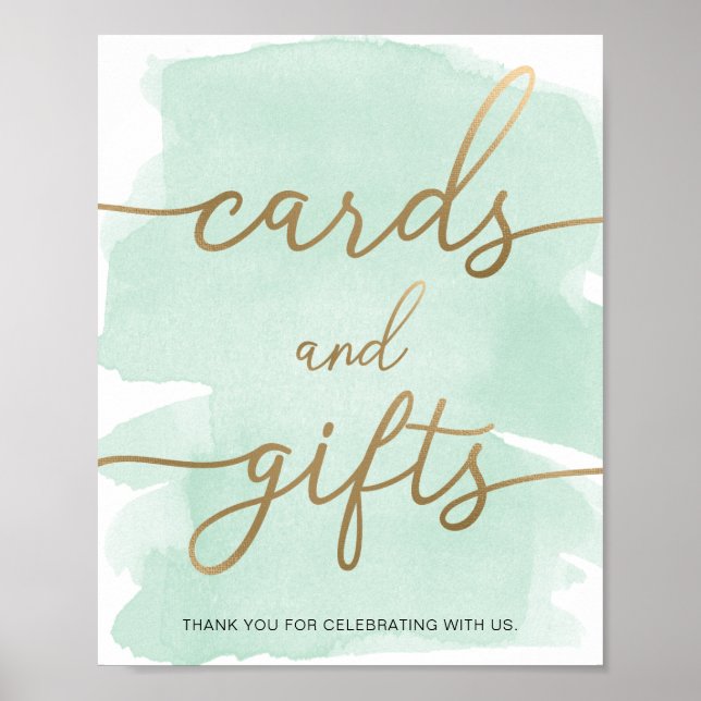 Mint Green Watercolor Gold Cards and Gifts Sign (Front)