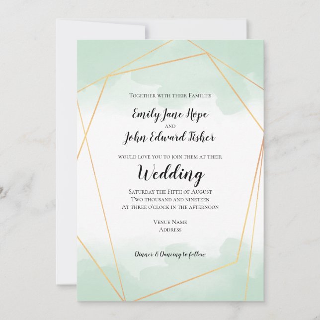 Mint Green Watercolor Gold Geometric Frame Wedding Invitation (Front)