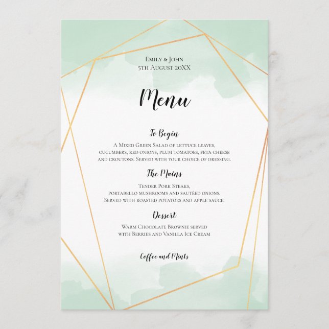 Mint Green Watercolor Gold Geometric Frame Wedding Menu (Front)