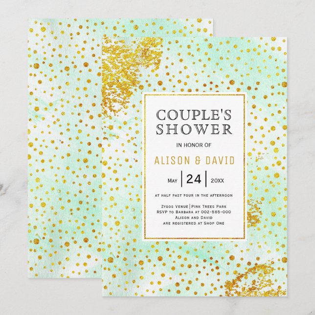 Mint green watercolor gold wedding couples shower invitation (Front/Back)
